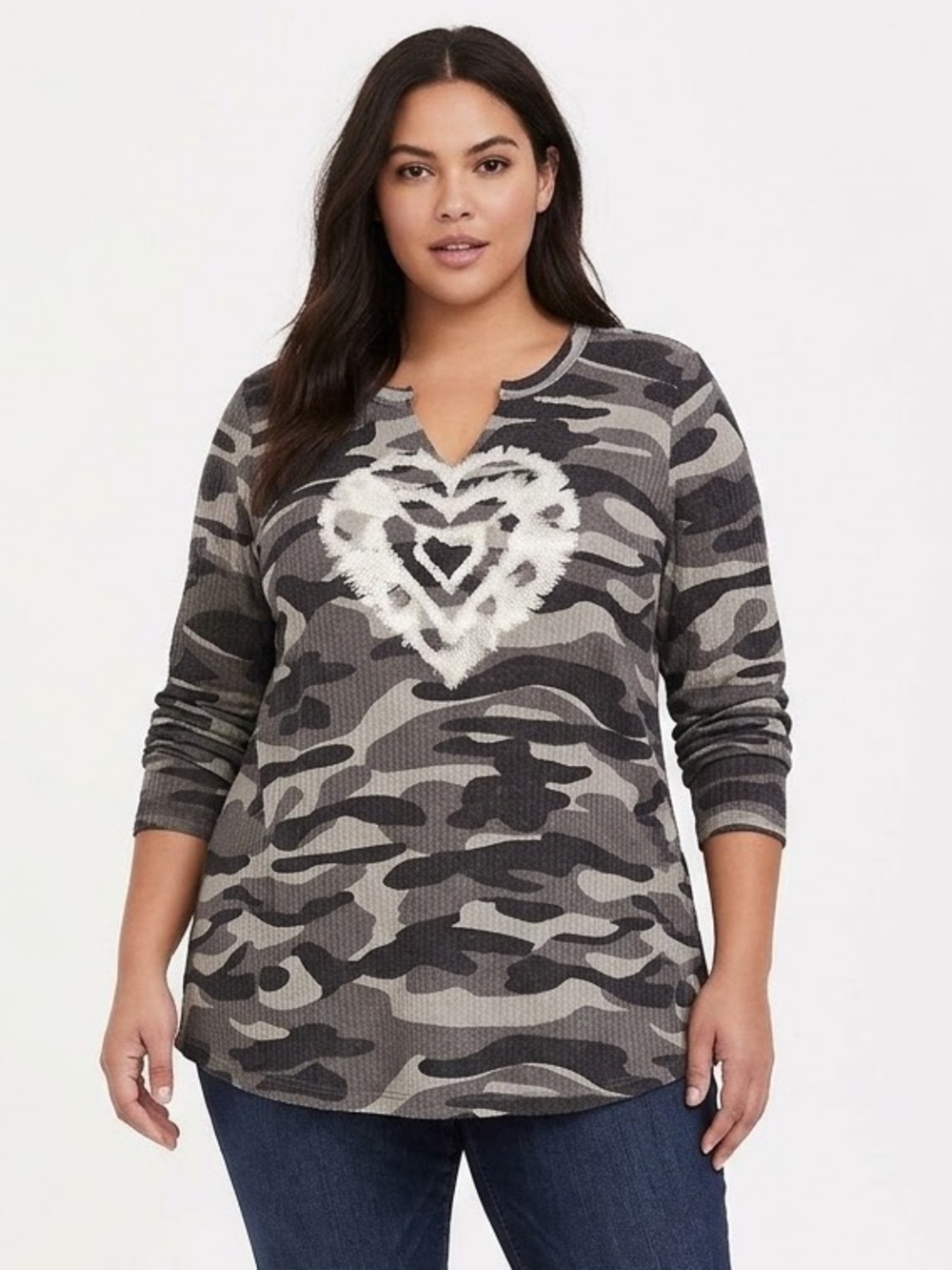 torrid Gray Camo Long-Sleeve Waffle Tunic Top with Distressed Cream Heart 3X New